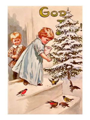 The children feed the birds - Retro Christmas poster - Jenny Nystrøm