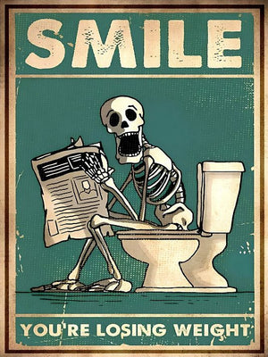 Funny bathroom picture with skeleton: Smile, Losing Weight