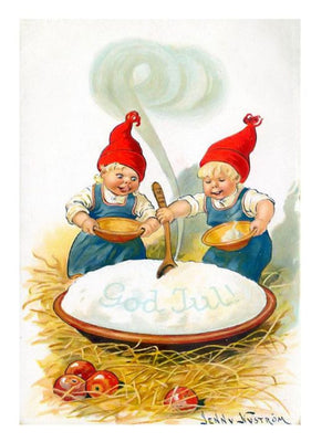 Little elves eating porridge - Retro Christmas poster - Jenny Nystrøm