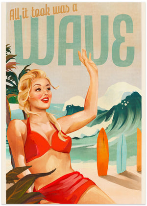 Surfende pinup-pige på strand i bikini