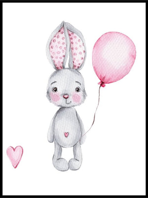 Håndtegnet kanin med ballong og hvit bakgrunn - plakat - Plakatbar.no