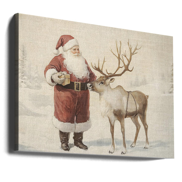 Santa Claus with Reindeer in Winter Wonderland