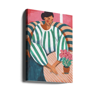 Woman in stripes in thought