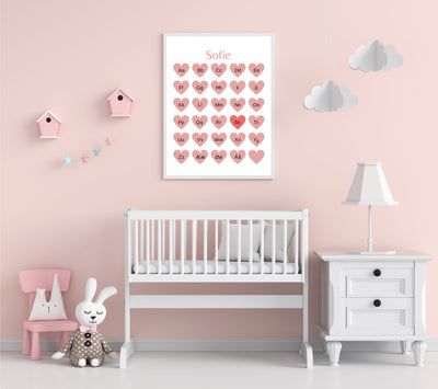 ABC-plakat med røde hjerter og eget navn