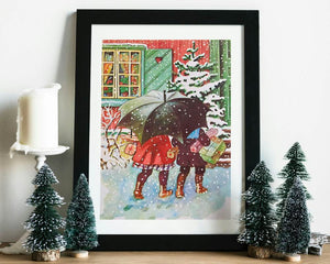 Barn bak paraply - Retro juleplakat - Jenny Nystrøm