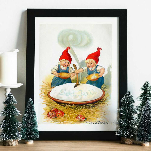 Smånisser spiser grøt - Retro juleplakat - Jenny Nystrøm