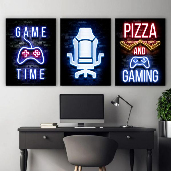 Neon Gamingplakat - Pizza and gaming