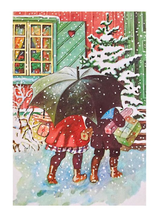 Barn bak paraply - Retro juleplakat - Jenny Nystrøm