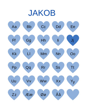 ABC-plakat med blå hjerter og eget navn