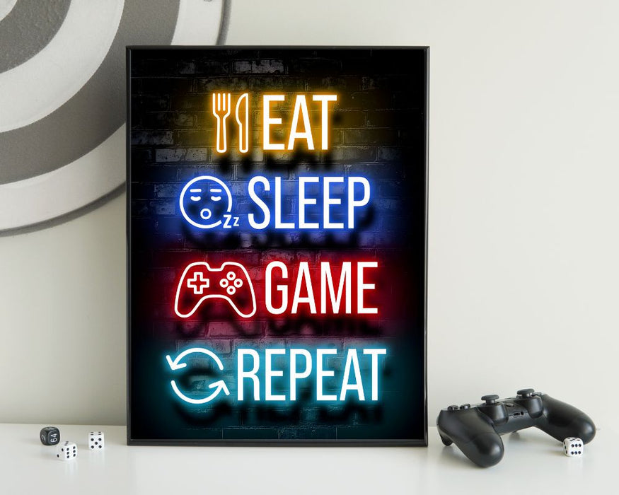 Neon Gamingplakat - Eat, Sleep, Game, Repeat