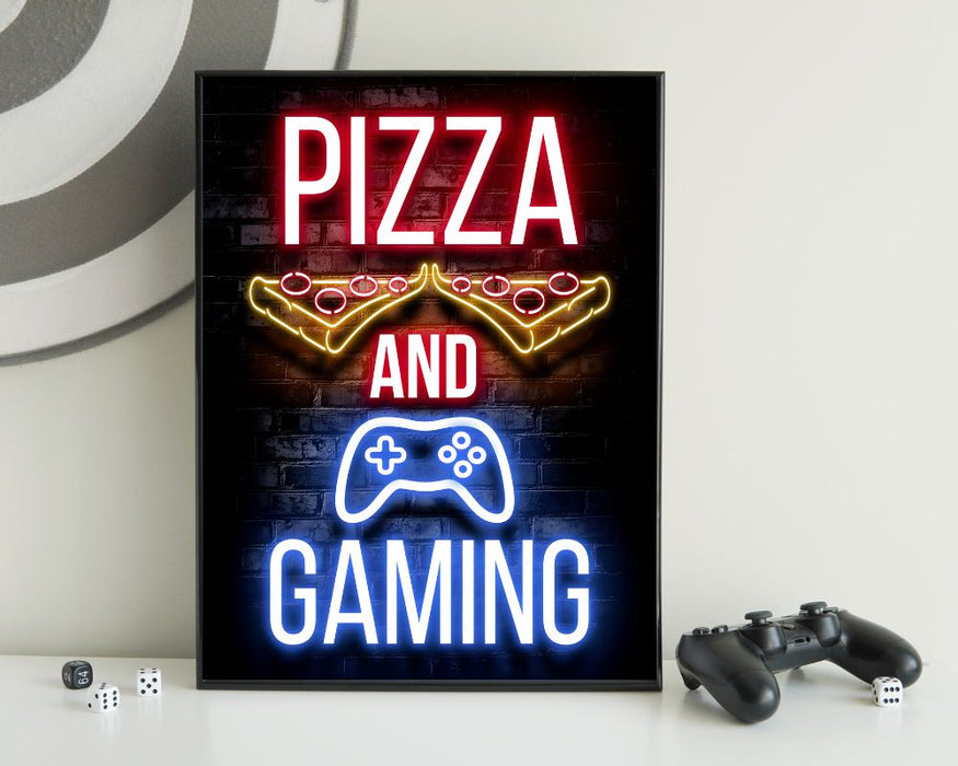 Neon Gamingplakat - Pizza and gaming
