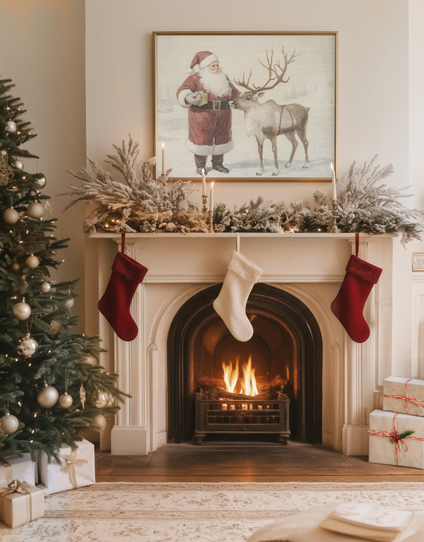 Santa Claus with Reindeer in Winter Wonderland