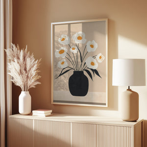 White Flowers in Black Vase