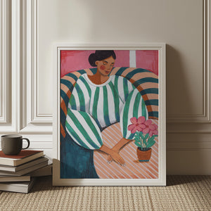 Woman in stripes in thought