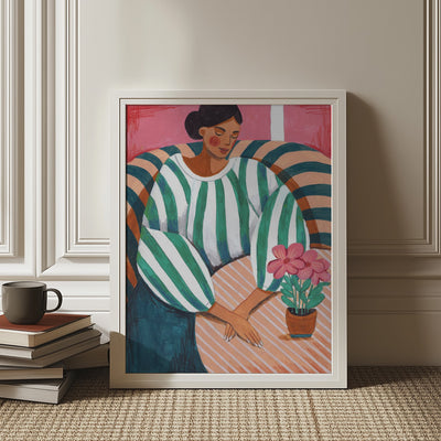 Woman in stripes in thought