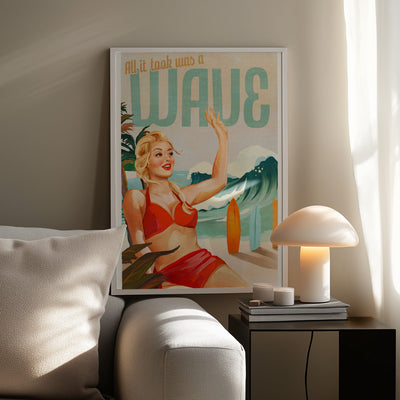 Surfing Pinup Girl On Beach In Bikini