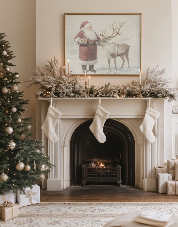 Santa Claus with Reindeer in Winter Wonderland