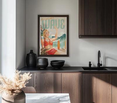 Surfing Pinup Girl On Beach In Bikini