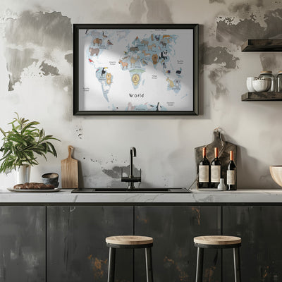 Lærerikt verdenskart med dyr på engelsk for barn 3