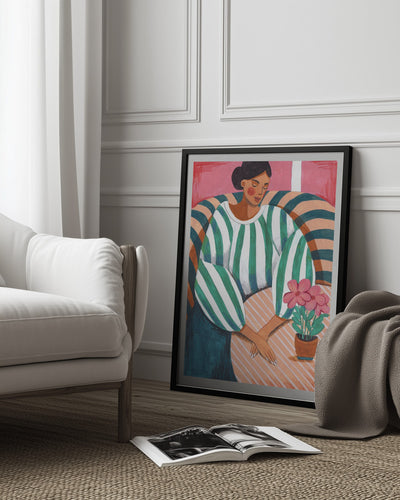 Woman in stripes in thought