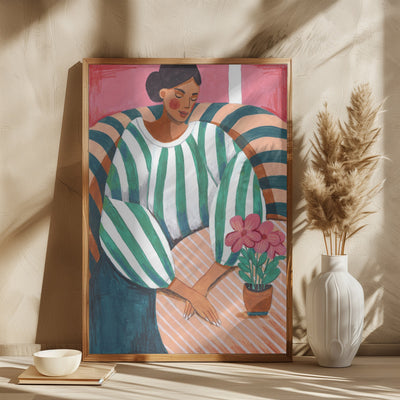 Woman in stripes in thought