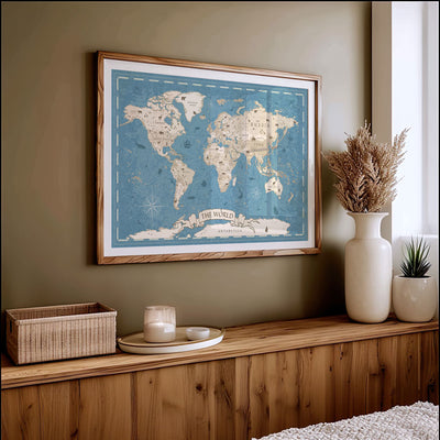 Blått Utdanningskart over verden | Verdenskart for barn