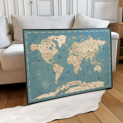 Blått Utdanningskart over verden | Verdenskart for barn