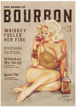 Bourbon Wall Art. Sexy Vintage Pin Up Girl Drinking Whiskey