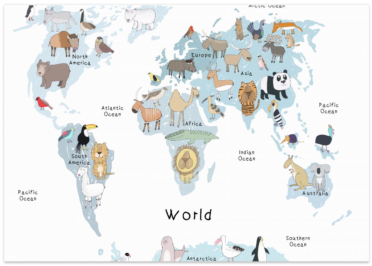 Lærerikt verdenskart med dyr på engelsk for barn 3