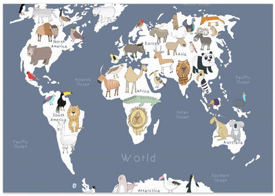Lærerikt verdenskart med dyr på engelsk for barn