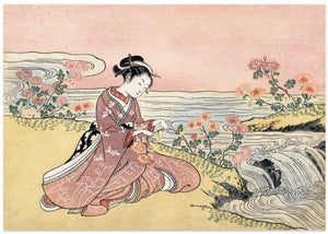 Japanese Woman Picking Chrysanthemum (1725 1770) Vintage Woodblock Print