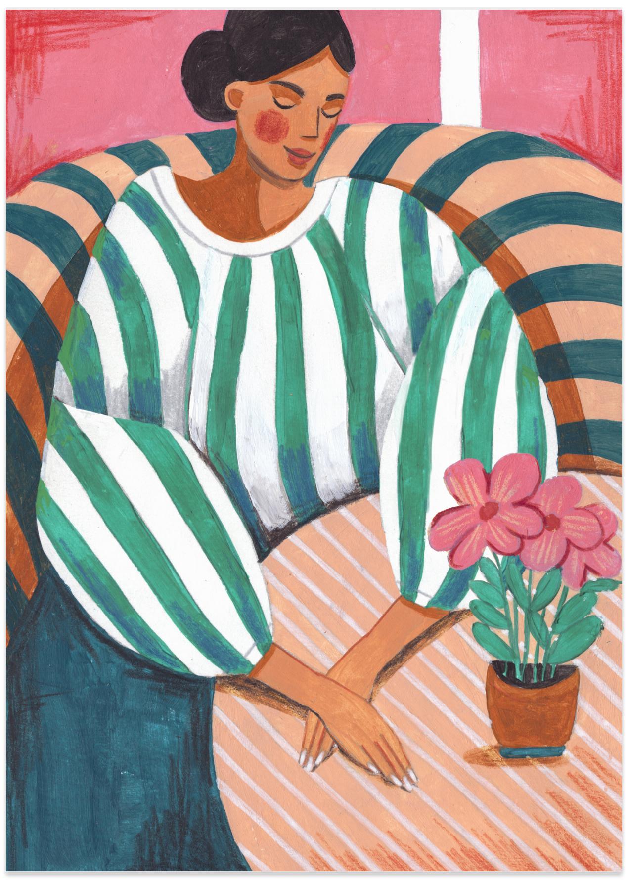 Woman in stripes in thought