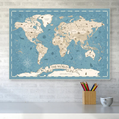 Blått Utdanningskart over verden | Verdenskart for barn