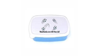 Blå matboks med eget navn - velg ditt fotballmotiv - Plakatbar.no
