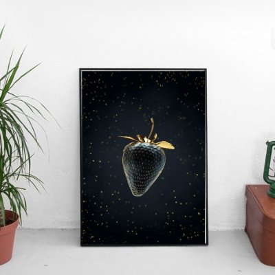 Black strawberry with golden leaves - Poster - Plakatbar.no