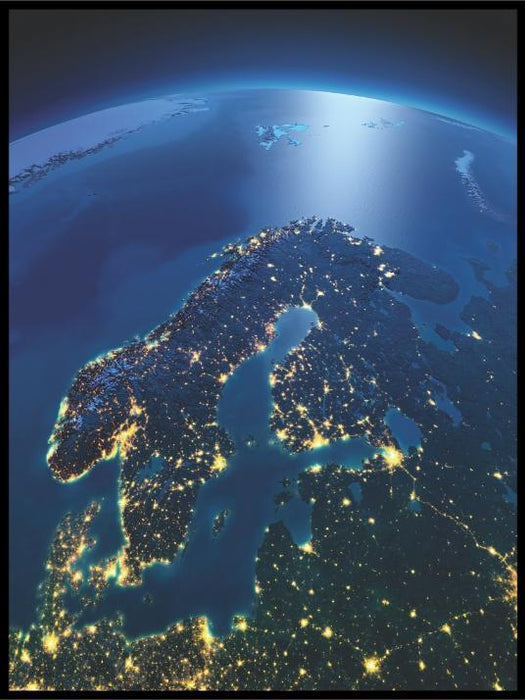 Detailed Earth. Europe. Scandinavia on a moonlit night - Plakatbar.no