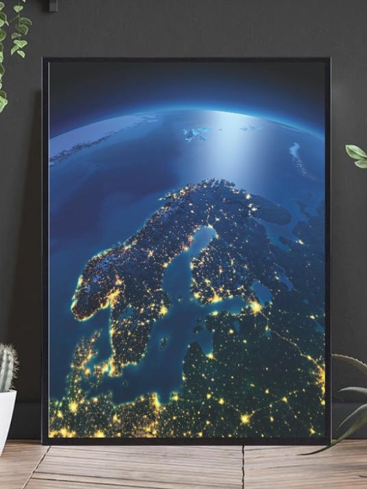Detailed Earth. Europe. Scandinavia on a moonlit night - Plakatbar.no
