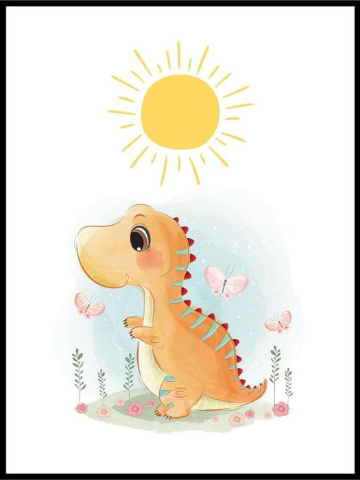 Dinosaurplakat med sol og sommerfugler - Plakatbar.no