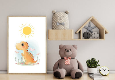 Dinosaurplakat med sol og sommerfugler - Plakatbar.no