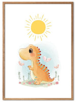 Dinosaurplakat med sol og sommerfugler - Plakatbar.no