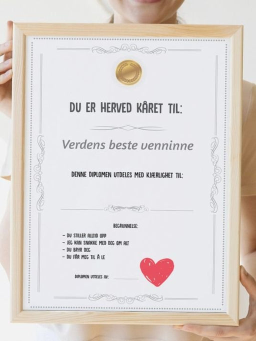 Diplom til verdens beste venninne - Plakatbar.no