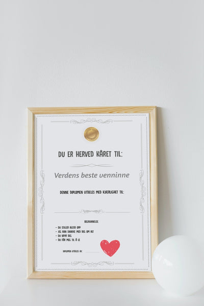 Diplom til verdens beste venninne - Plakatbar.no