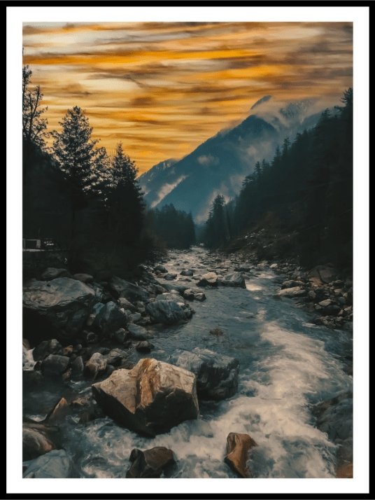 River in the forest with sunset - Poster