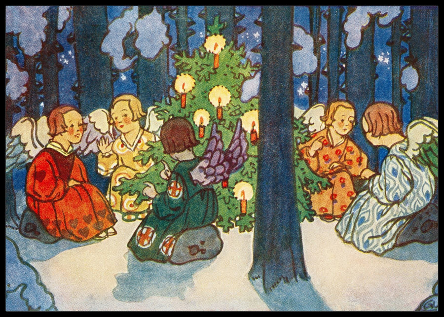 Engle omkring juletræet i skoven - Gammeldags juleplakat