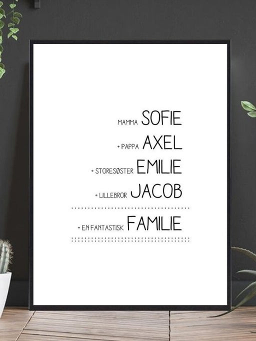 Familie plakat som alle vil elske. Med navnene til alle familiemedlemmer - Plakatbar.no
