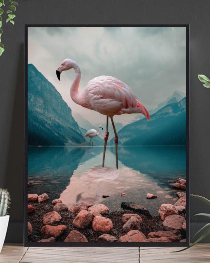 Flamingo og fjell poster - Plakatbar.no