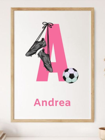 Fotballplakat med valgfri bokstav og navn - Blå og rosa - Plakatbar.no