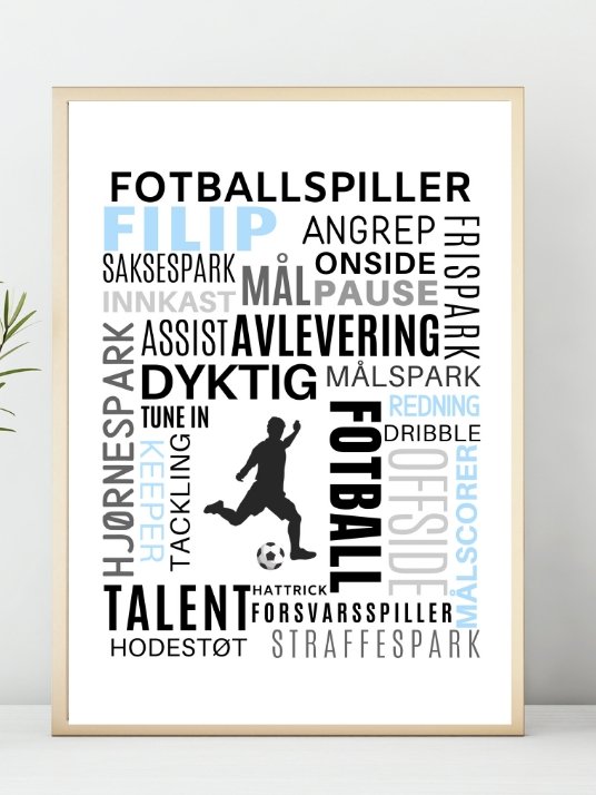 Fotballspilleren - Plakat med fotballord og eget navn i blått