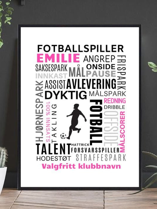 Fotballspilleren - Plakat med fotballord og eget navn i rosa - Plakatbar.no