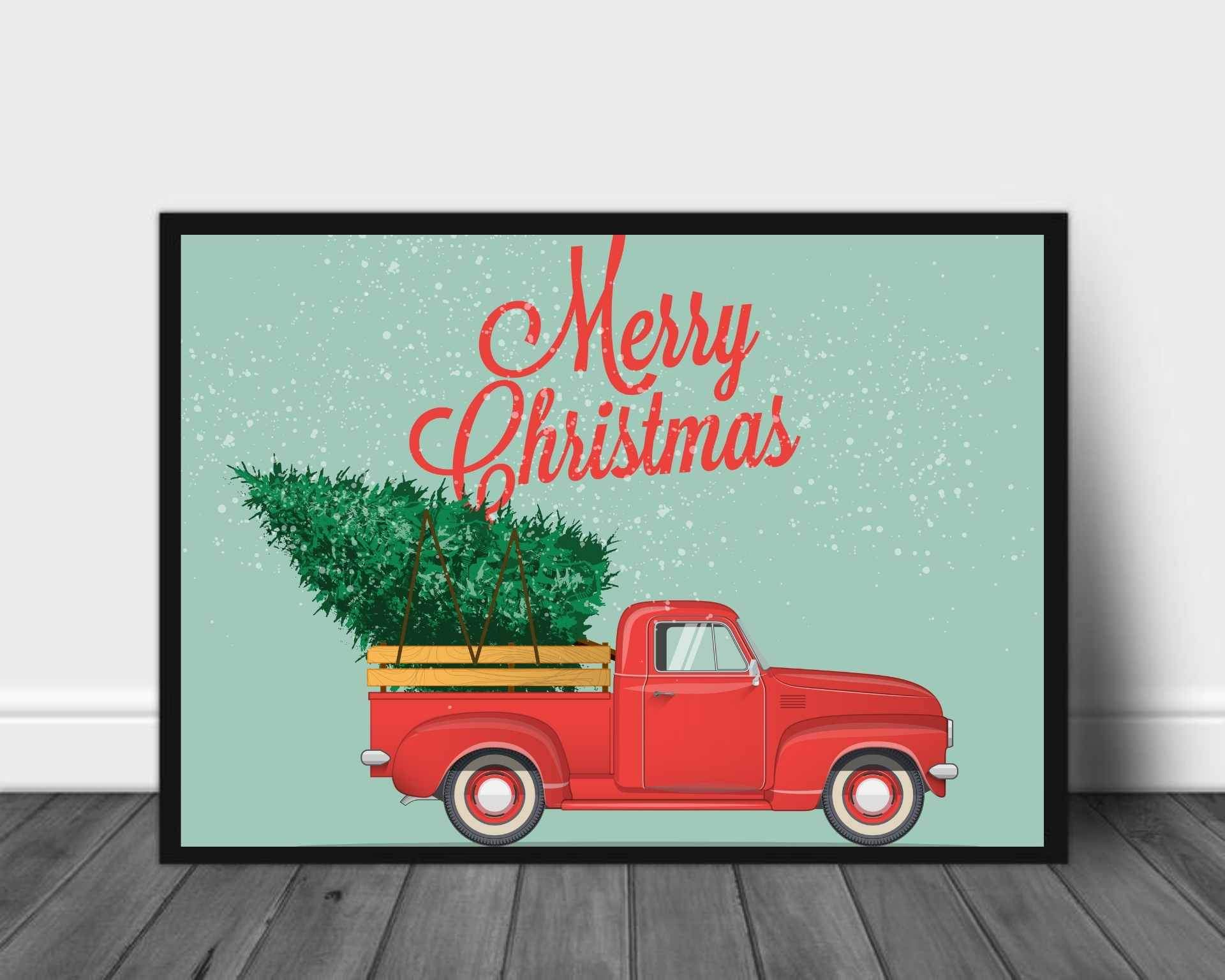 Gammeldags juleplakat med pickuptruck - Plakatbar.no